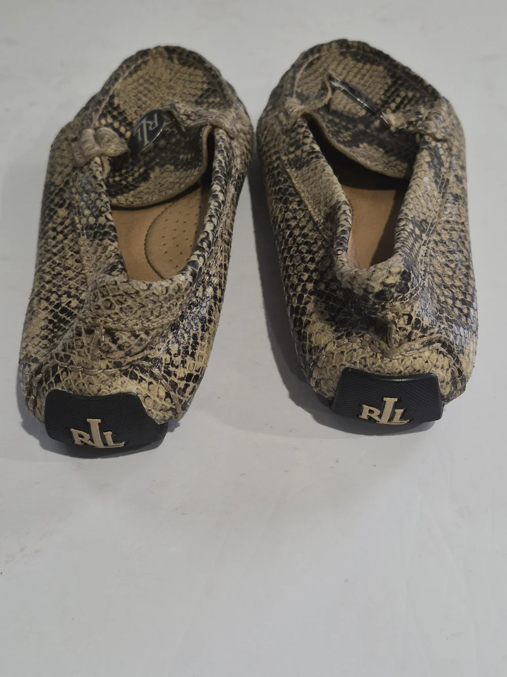 Ralph Lauren Snake-Print Driving Loafers in Beige